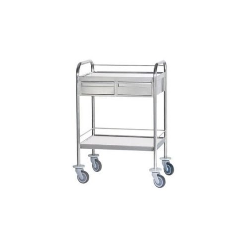 chariot-inox-2-plateaux-bords-releves-avec-galeries-et-tiroirs Chariot de soin inox 2 plateaux bords relevés – Image 1